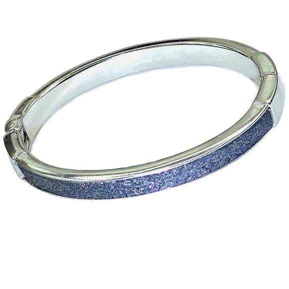 Vintage Silvertone Textured Black Glittery Sparkle Hinged Bangle Bracelet - Picture 2 of 5